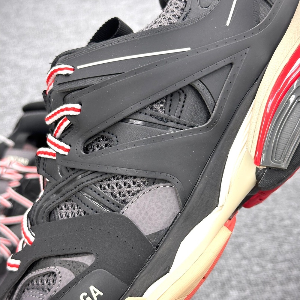 Balenciaga Black, Red & Beige Track Leather Mesh Sneakers - Picture 6 of 9